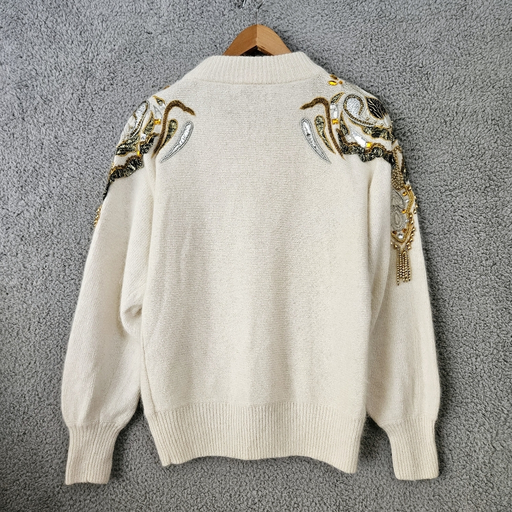 Vintage Cedars Angora Silk Wool Sweater Small Embellished 80s 90s Off White Gold - Picture 2 of 14